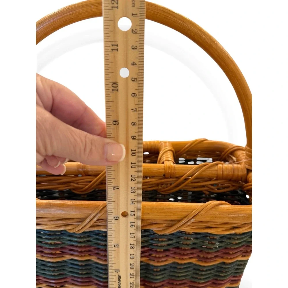 Vintage Wicker Utensil Caddy Woven Rattan Flatware Basket Green Burgundy Brown